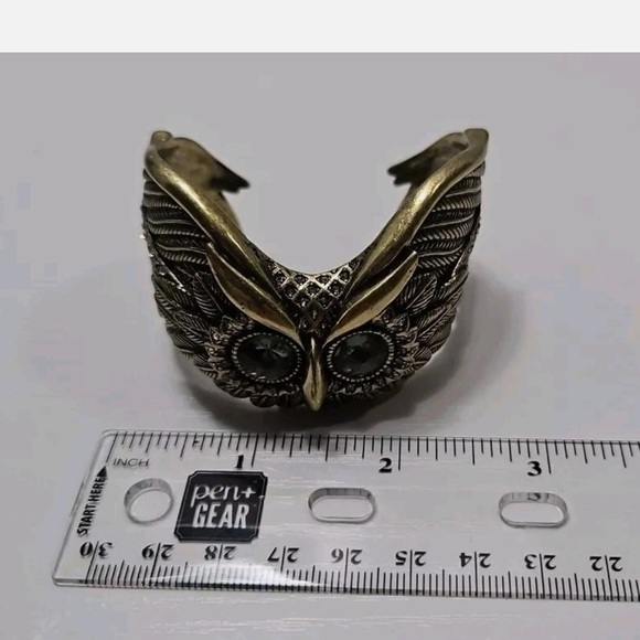 fossil brass owl face cuff bracelet chunky steampunk rhinestone eyes gothic - Picture 3 of 6